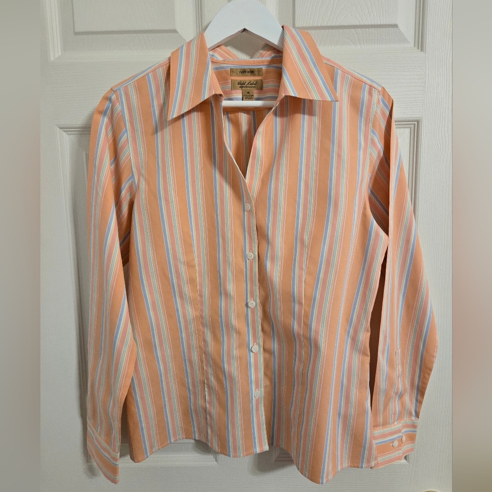 Westbound Gold Label Peach Multicolor Striped Shirt Button Front Size 10